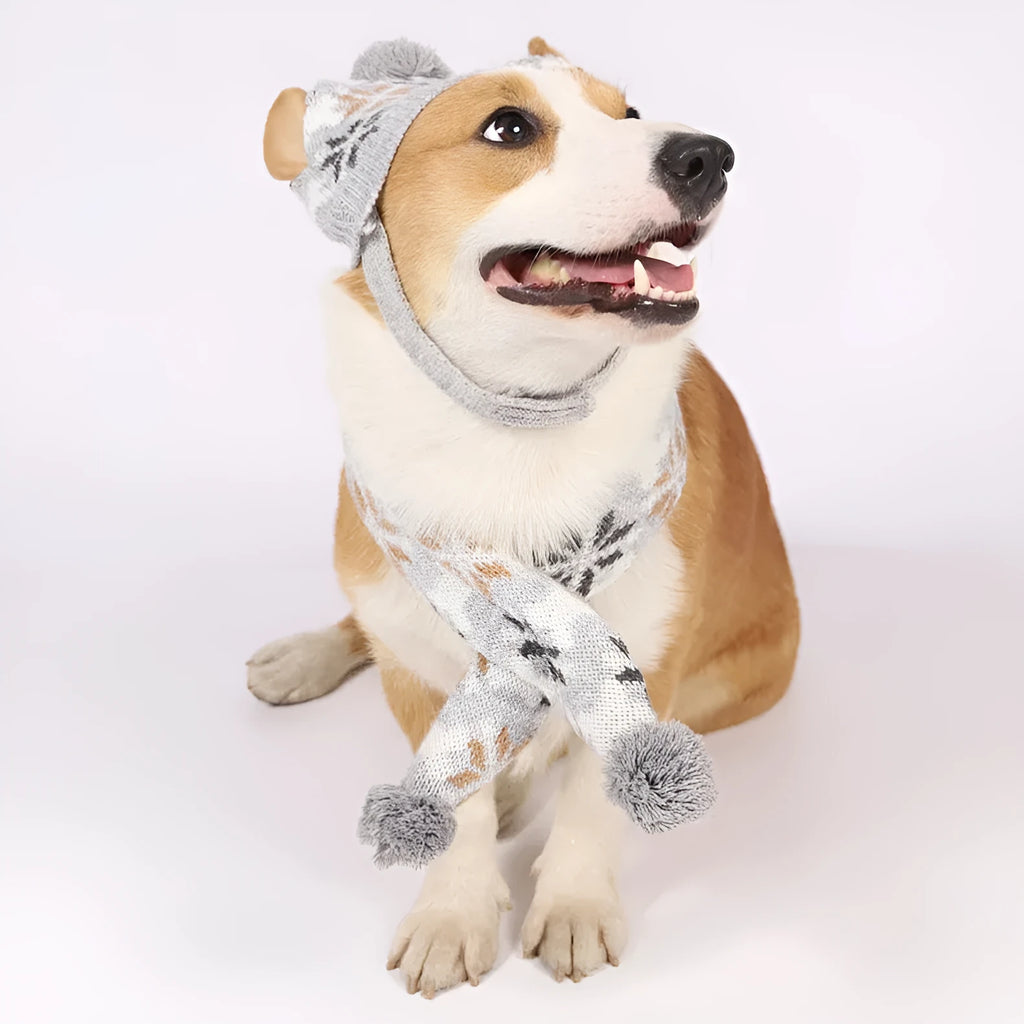Japanese retro jacquard pet clothing set with sweater, hat, and scarf in grey and pink colour options