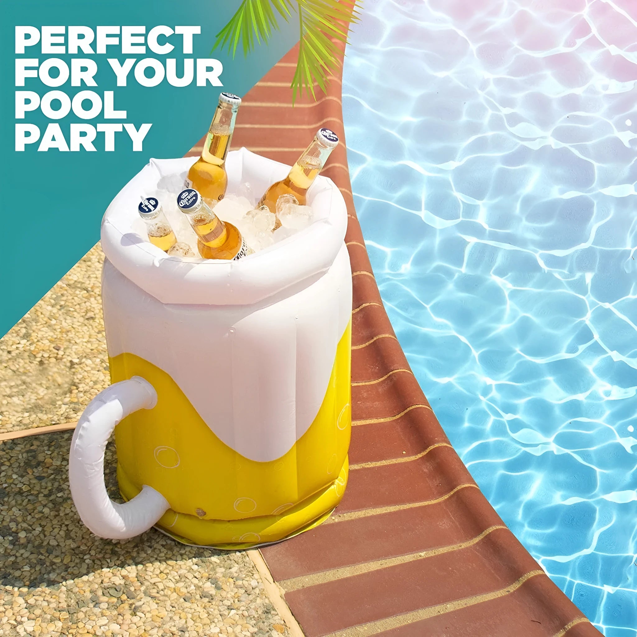 Yellow inflatable beer mug pool float cooler with 44cm height and 32cm diameter