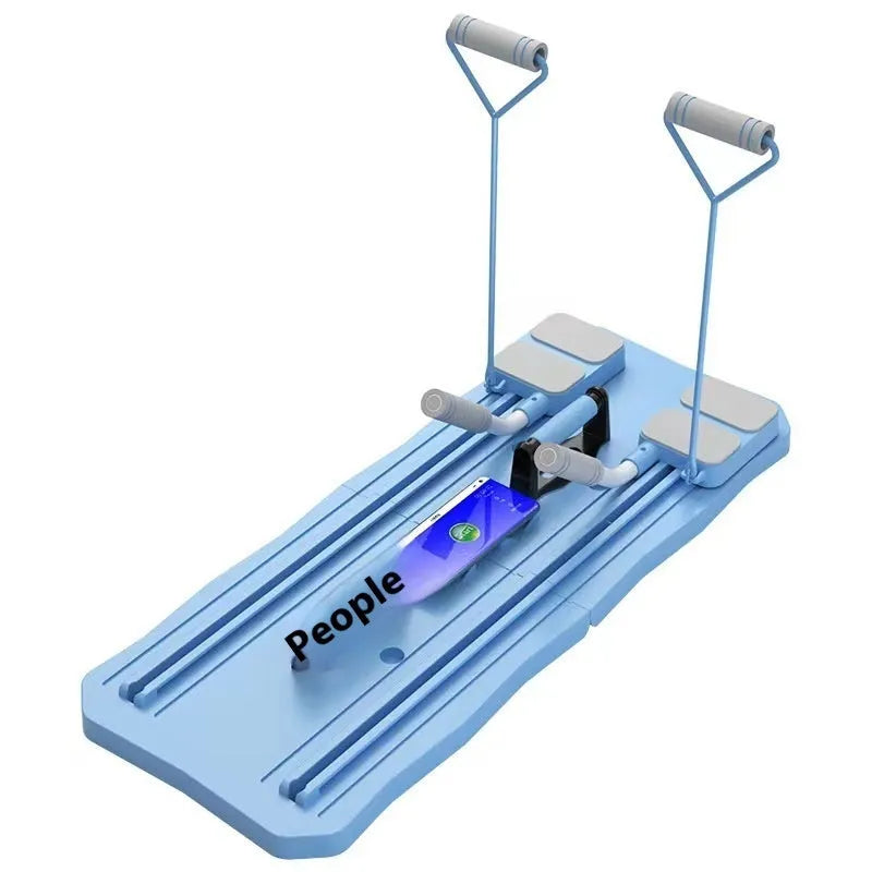 Blue and pink multi-functional ABS plastic fitness board with central abdominal wheel.