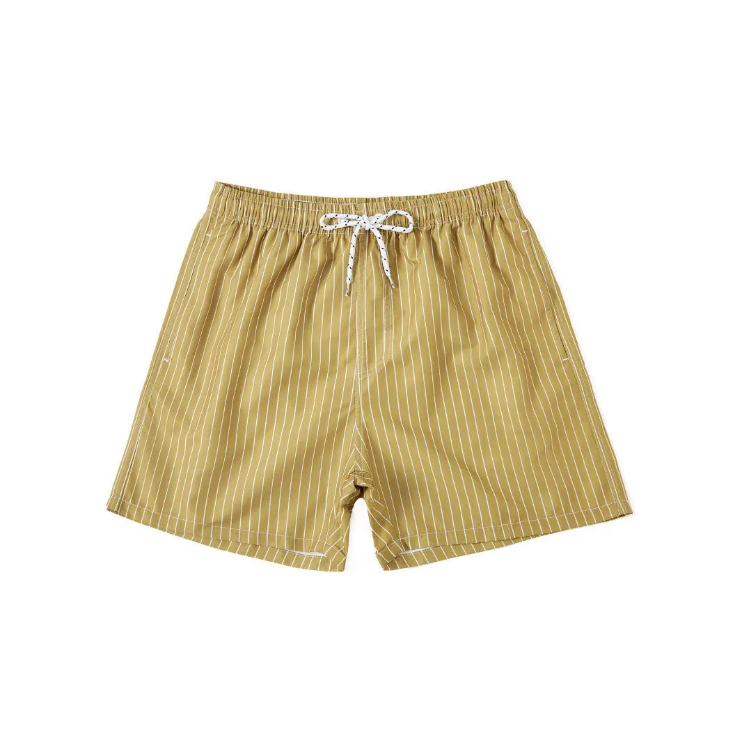 Men's striped beach shorts in light blue with a straight leg and triangle lining.