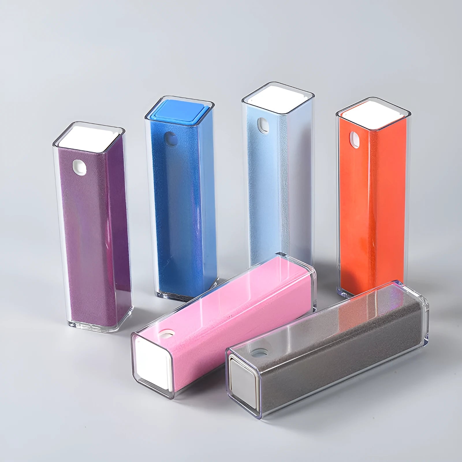 Blue 15ml square tube phone screen cleaner spray bottle inside a grey protective storage shell.