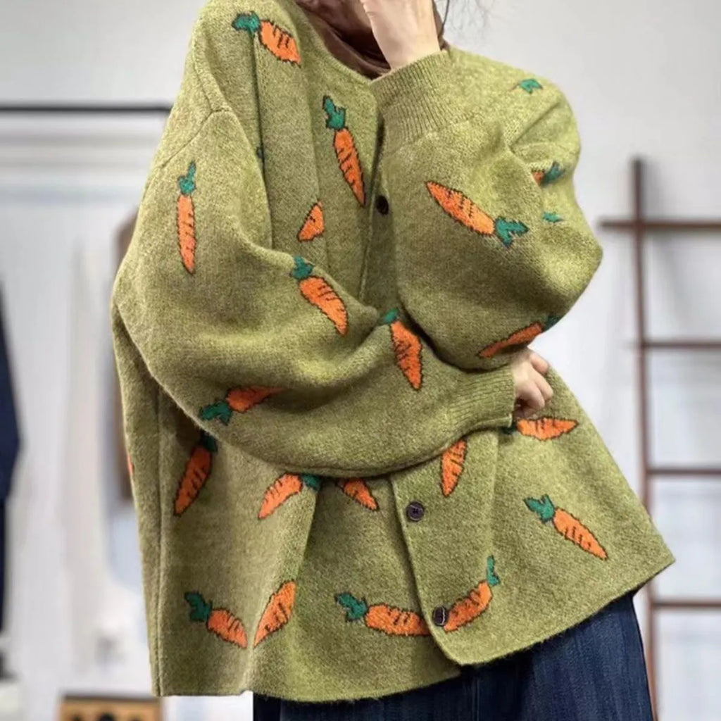Round neck cardigan sweater with Mori artistic printing and colour contrast design