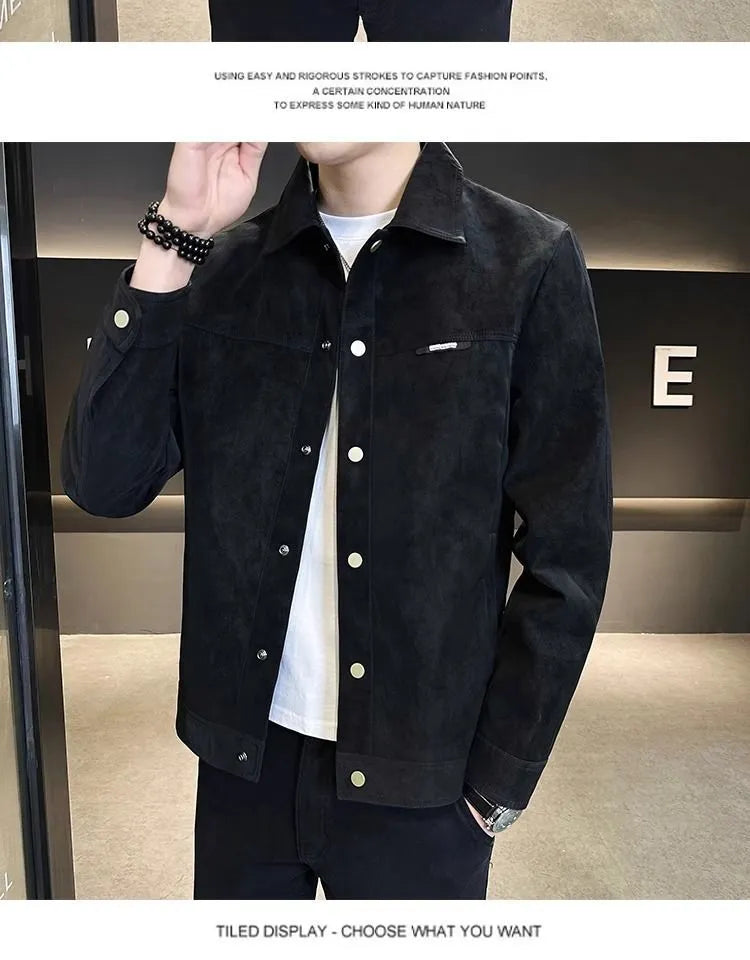 Solid colour suede lapel spring jacket for men, regular fit, long sleeves, side pockets, brown colour