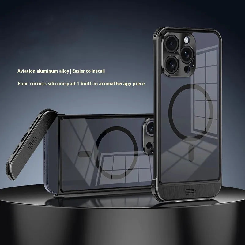 Metal frame iPhone case with magnetic ring holder in Black, Dark Purple, Sea Blue, or Silver for iPhone 12 to 15 Pro Max