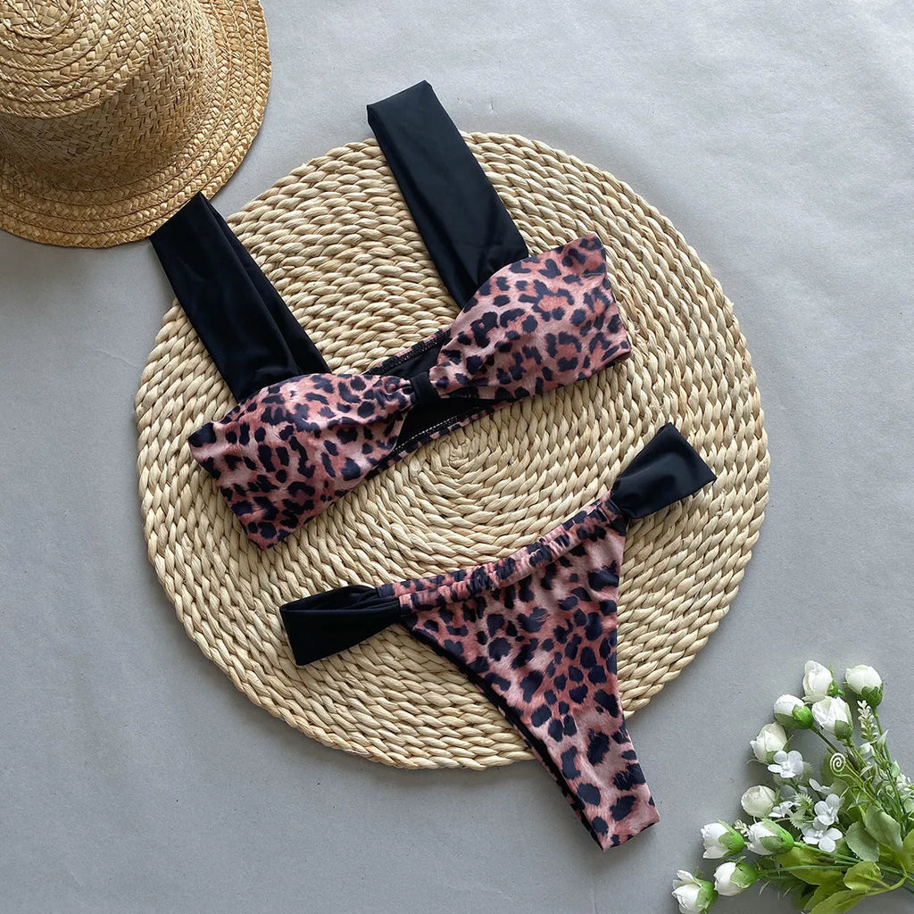 Women's leopard print bikini set with sleeveless tube top and split-style bottoms