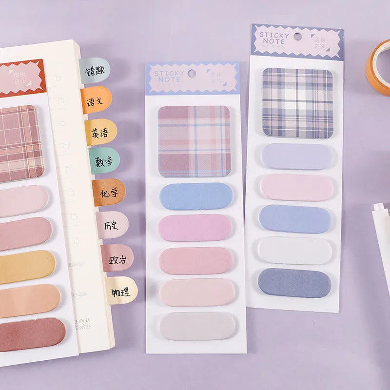Colourful memo pad set showing six different sticky note designs with paper covers, each pad containing 20 sheets.