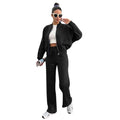 Women's fleece zipper cardigan and straight pants suit in black, casual long sleeve two-piece set