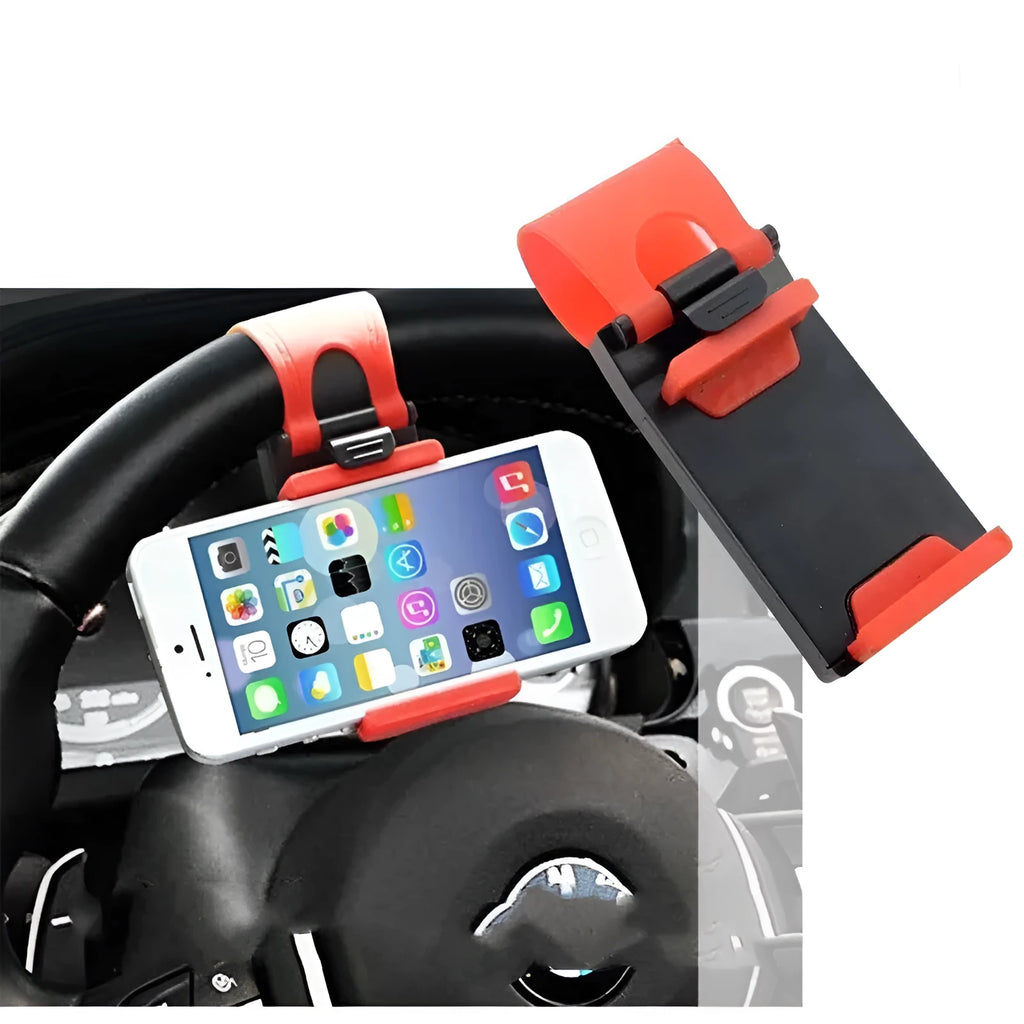 Universal car steering wheel phone holder in ABS plastic with 75x40x25mm dimensions