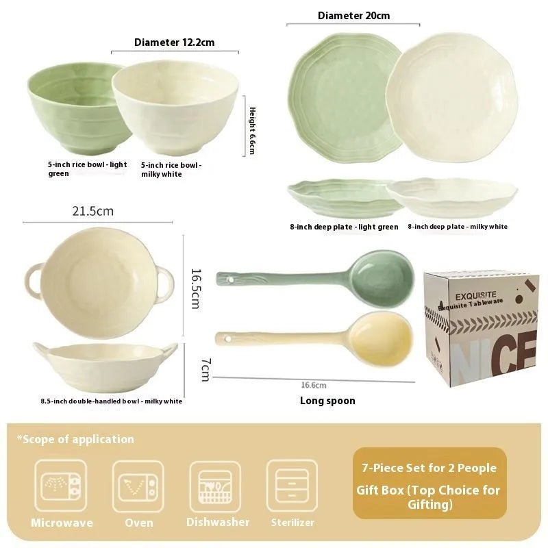 7 piece solid colour ceramic dinnerware set in modern Japanese style with microwave-safe construction