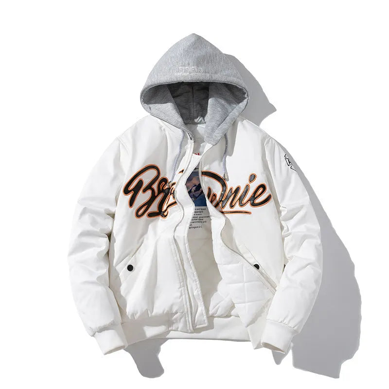 Men's thick loose plus size polyester padded coat, hooded or stand collar, available in black, green, white, grey, pink.