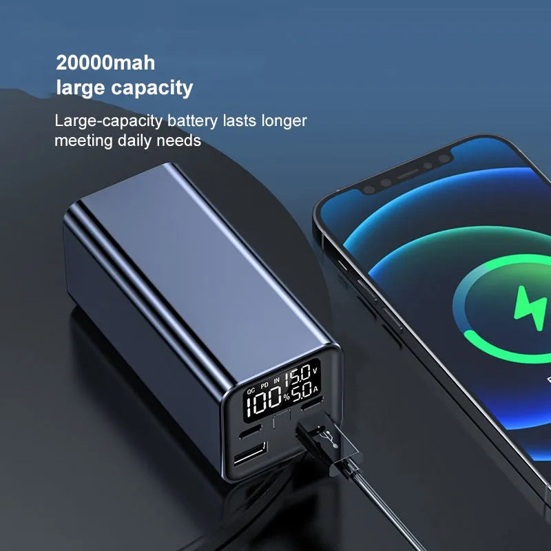 Black 65W metal power bank showing USB-C port, with dimensions 47.5x104.5x47.5mm.
