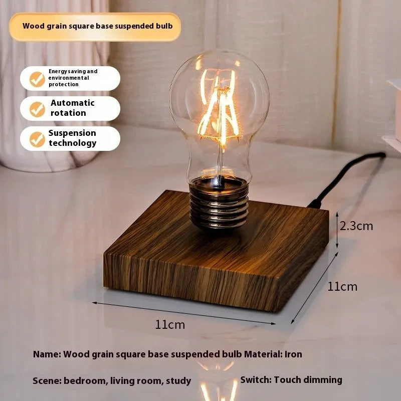 Suspended bulb creative night lamp with wooden base on desktop