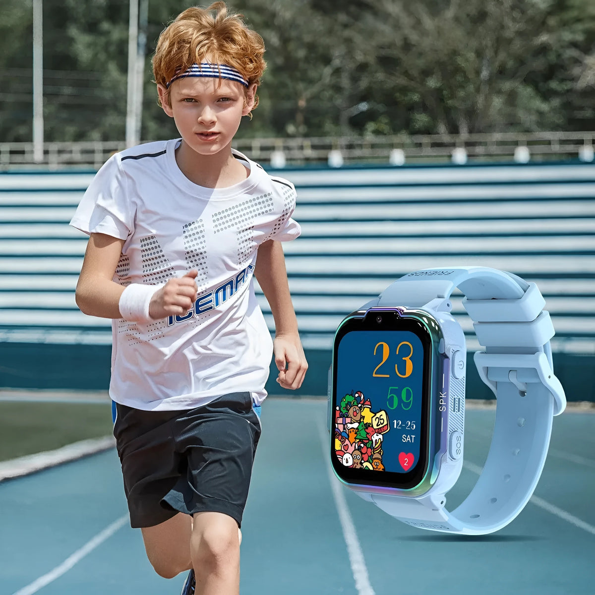 Children's smart watch with waterproof phone function, IPS screen, touch button, 750mAh battery, available in purple, black and sky blue
