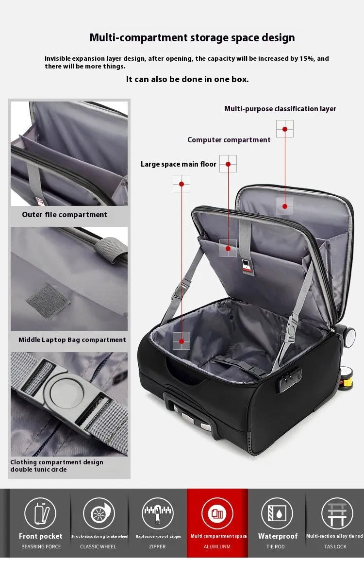 Black 18-inch Oxford cloth carry-on suitcase with retractable handle and universal wheels.