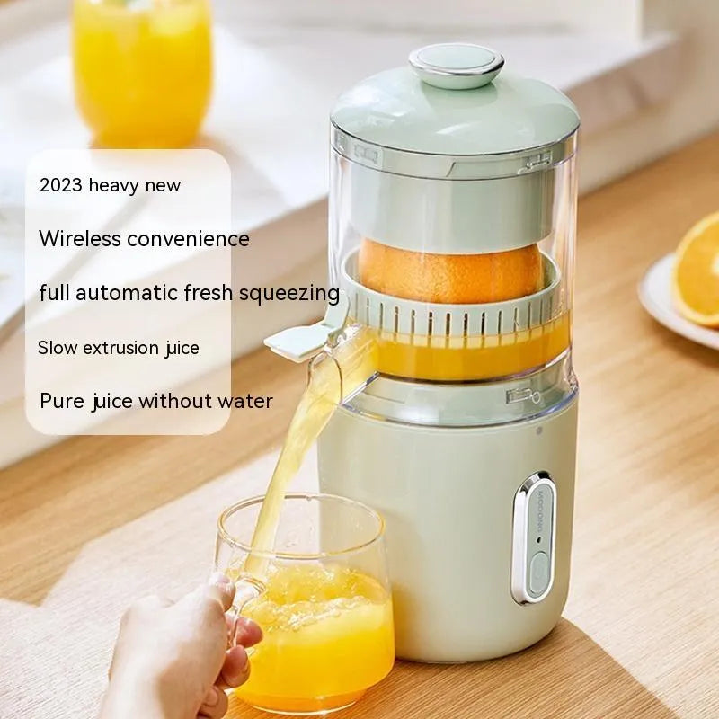 Portable electric citrus juicer in fresh green with USB charging cable and cleaning brush