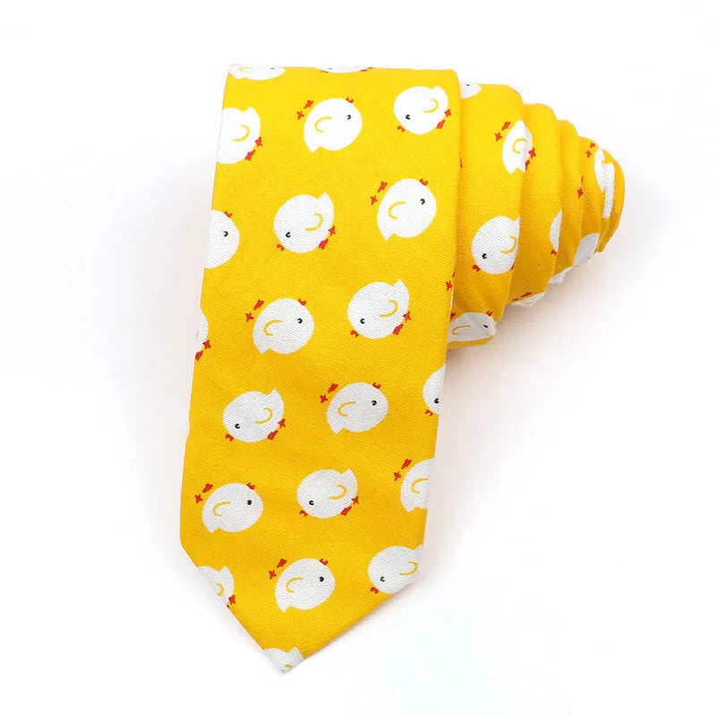 Korean-style narrow cotton bow tie for men with a printed cartoon pattern in a selected colour.