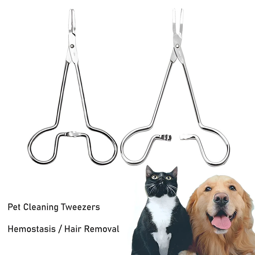 Silver stainless steel pet ear cleaning tweezers with an ergonomic anti-slip handle.