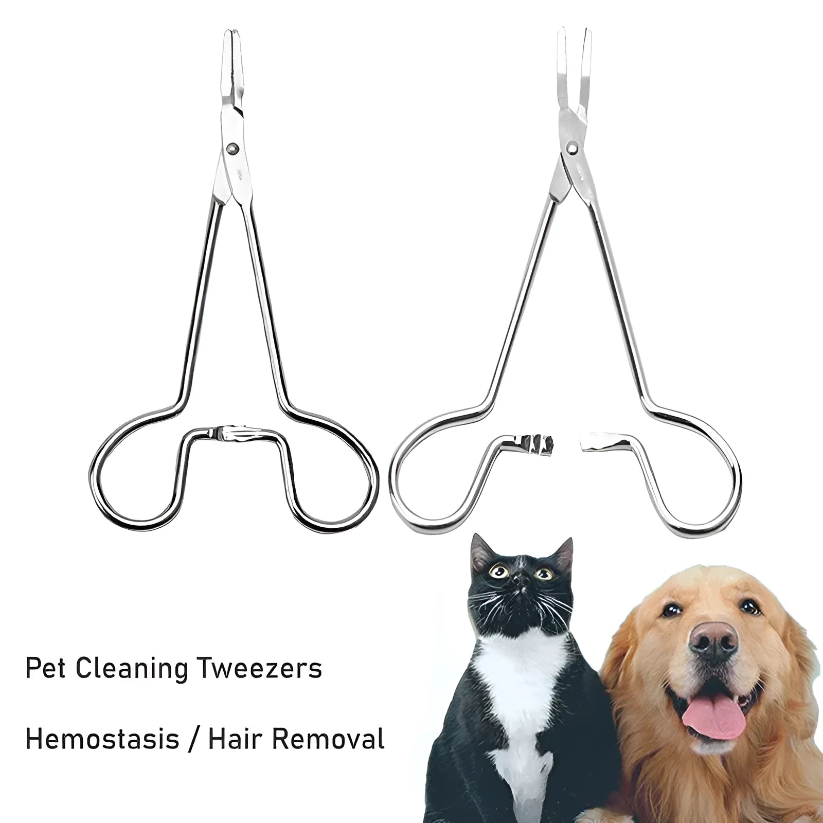 Silver stainless steel pet ear cleaning tweezers with an ergonomic anti-slip handle.