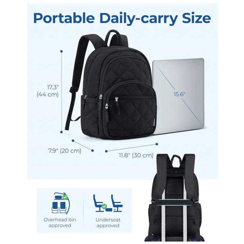 Waterproof nylon travel laptop backpack with air cushion straps, 30x20x44cm, black colour, plaid diamond pattern stitching
