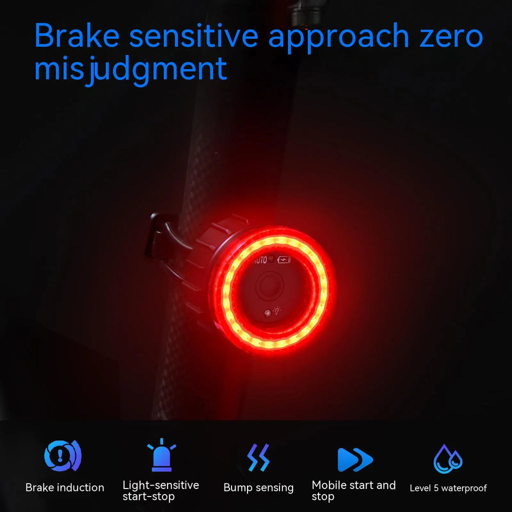 Black aluminium alloy bicycle induction brake taillight with seat tube mounting bracket.