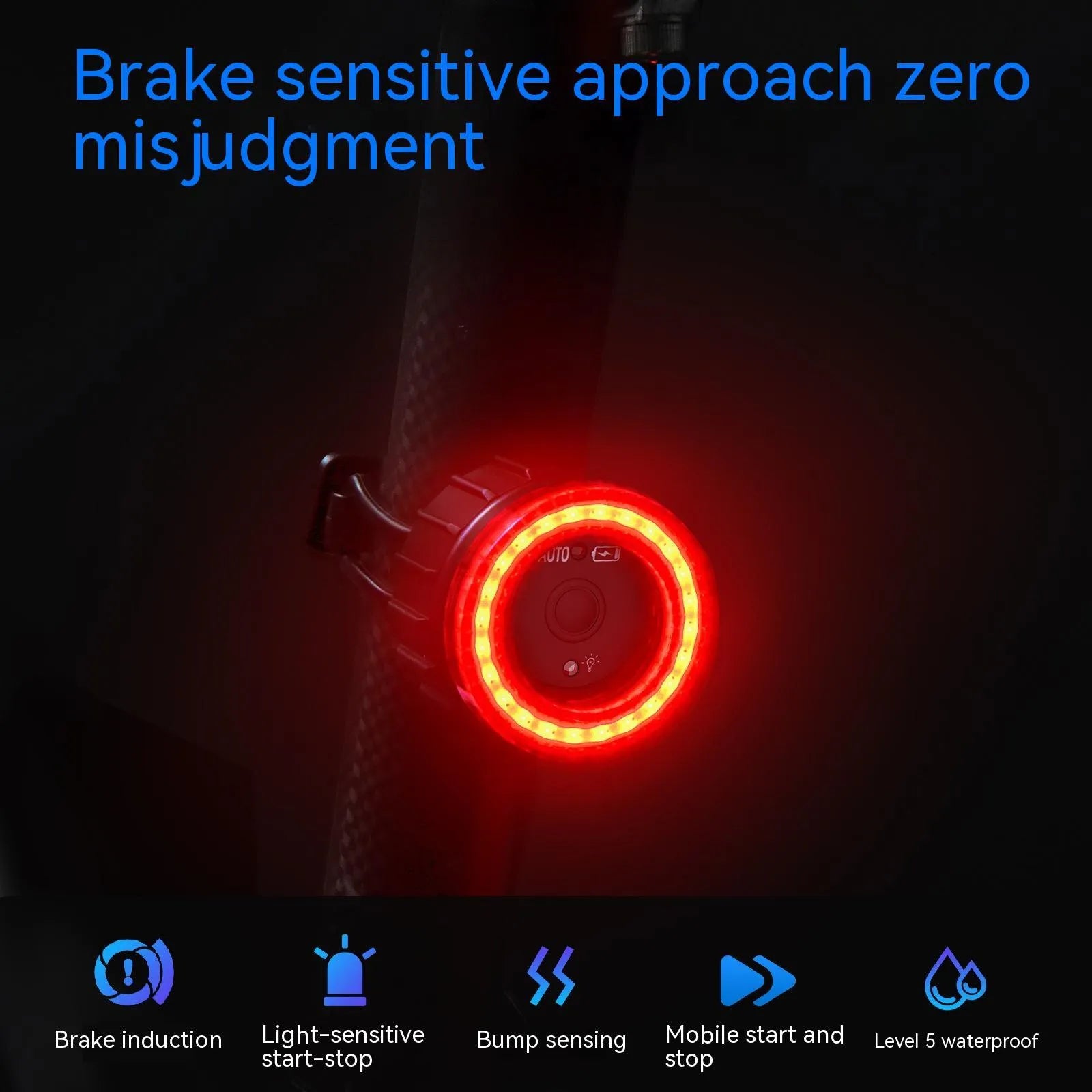 Black aluminium alloy bicycle induction brake taillight with seat tube mounting bracket.