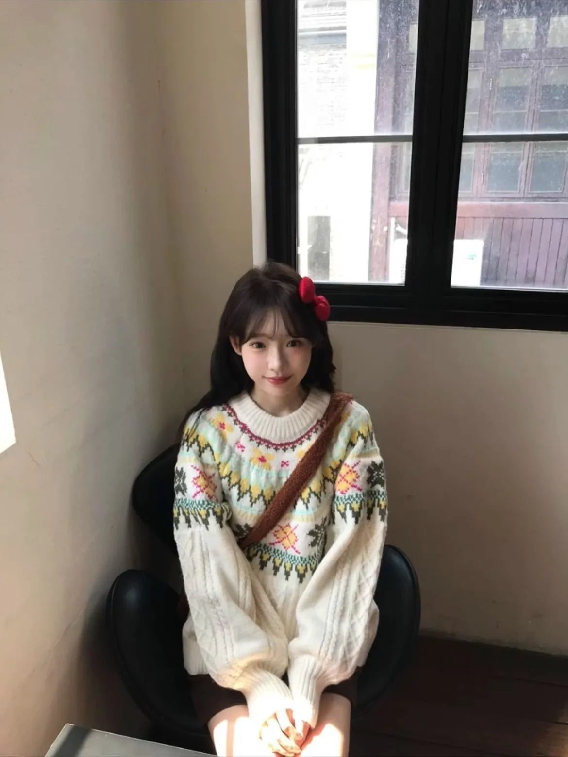 Women's milky white lantern sleeve loose mori knitwear pullover sweater