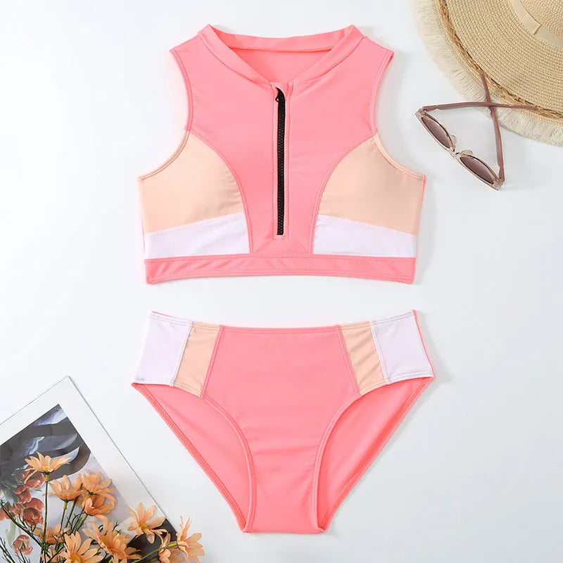 Pink high-waist nylon bikini swimsuit with briefs style and European sizing