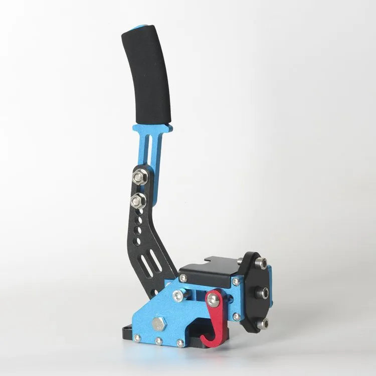 Aluminium linear handbrake for PC sim racing, compatible with Logitech and Thrustmaster wheels, in red, blue, or black.