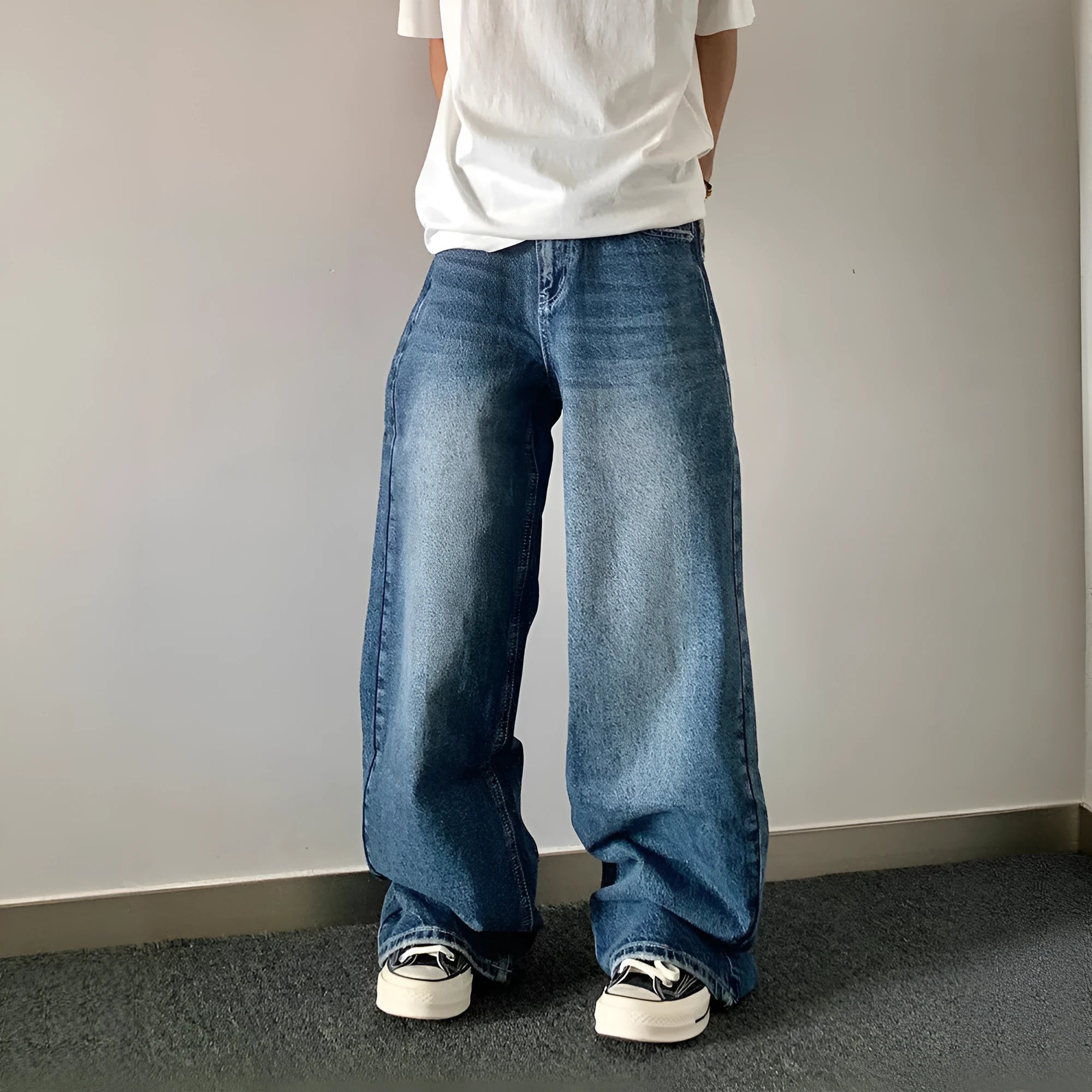 Designer embroidered high-waisted retro loose slimming trousers in blue cotton blend for teenagers