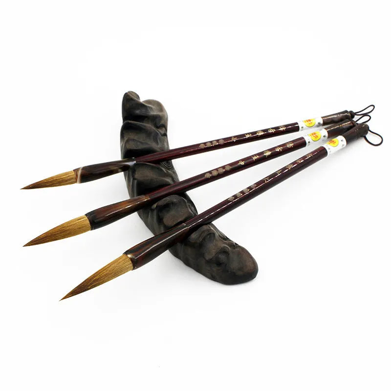 Traditional Chinese calligraphy brush set with wolf hair bristles in large, medium, and small sizes for Longfeng painting