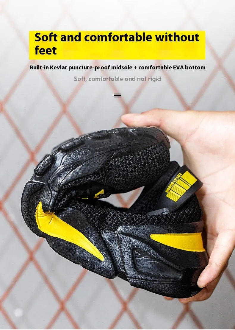 Men's black Flyknit low-top safety work shoe with a steel toe cap on a worksite background.