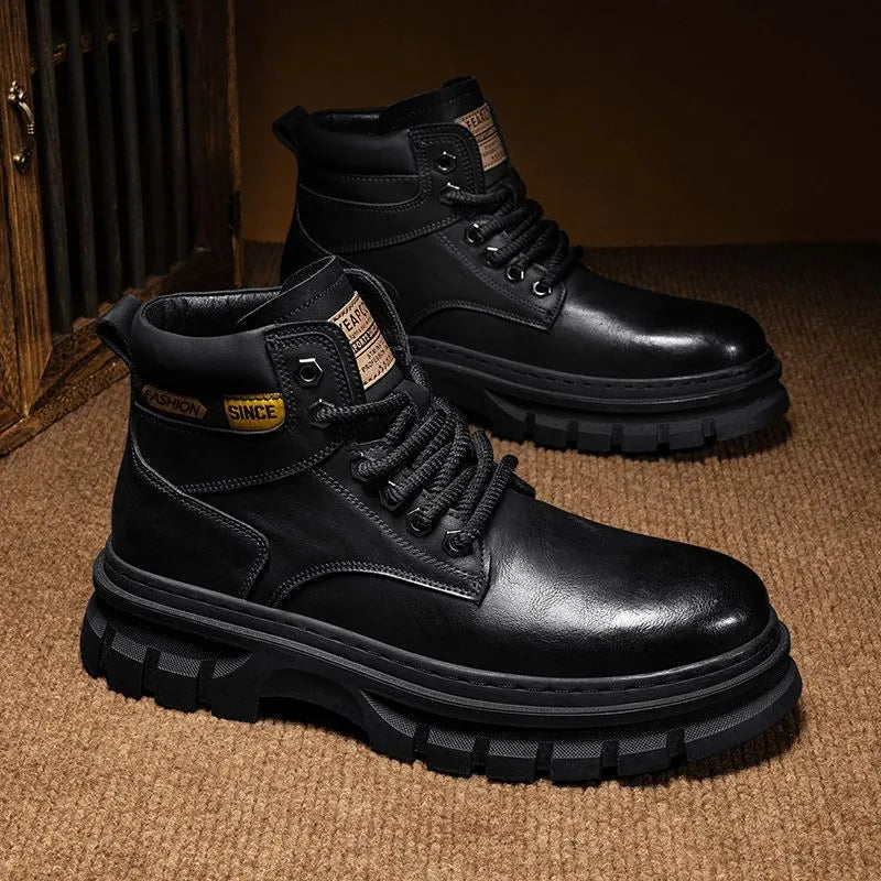 Men's Martin boots with artificial PU leather upper, round toe, and front lace-up closure