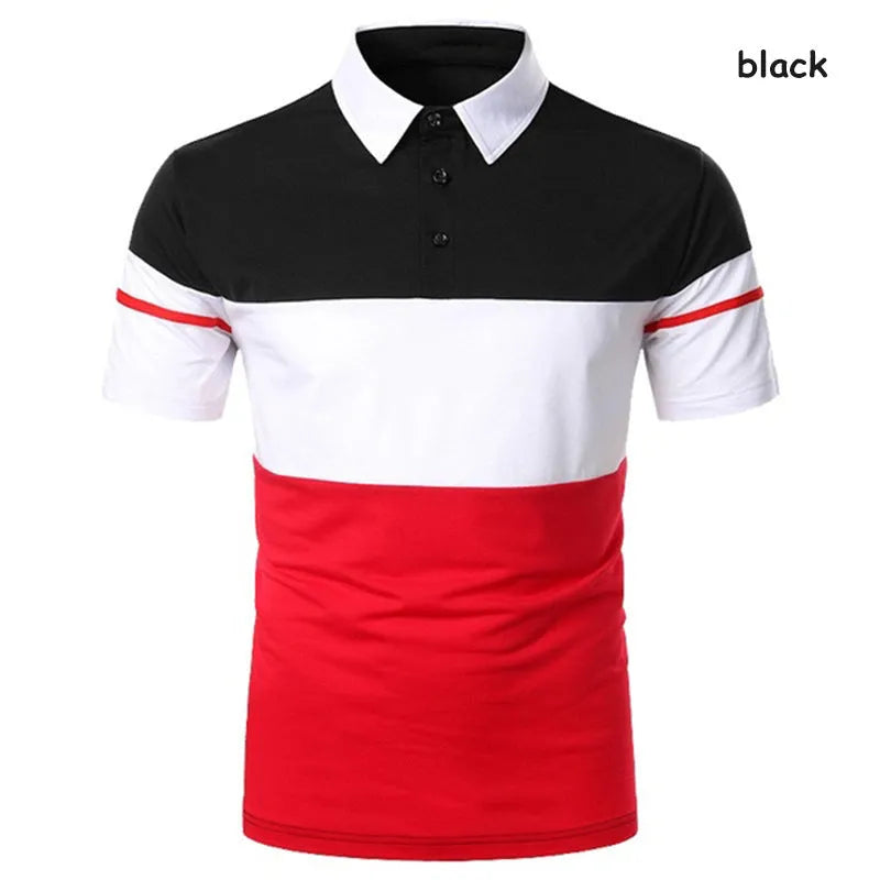 Men's lapel slim polo shirt in cotton with asymmetric style, available in red gray black navy blue sizes S to 3XL