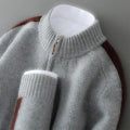 Sheep wool slim-fit pullover sweater with half zip on round neck, shown in various colours.