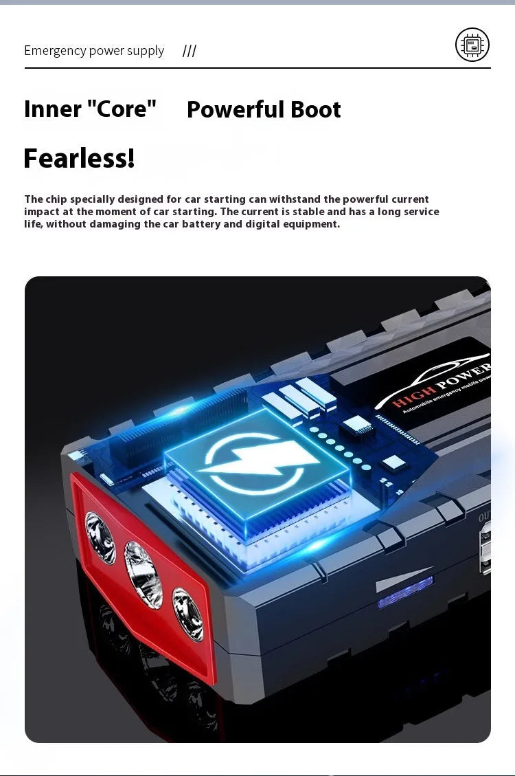 Portable automobile emergency jump starter power source with LED light in ABS toolbox-style casing.