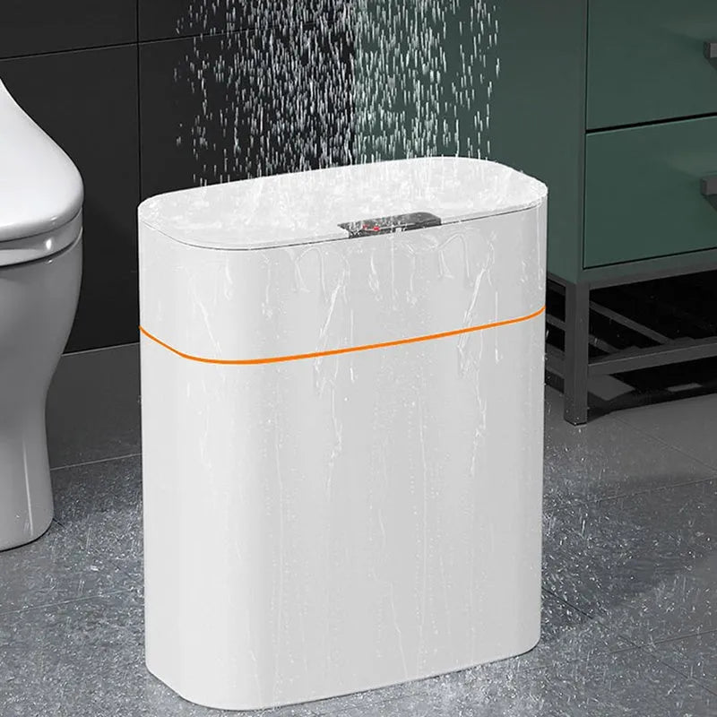 White automatic induction smart trash can with lid open, showing internal bin liner.