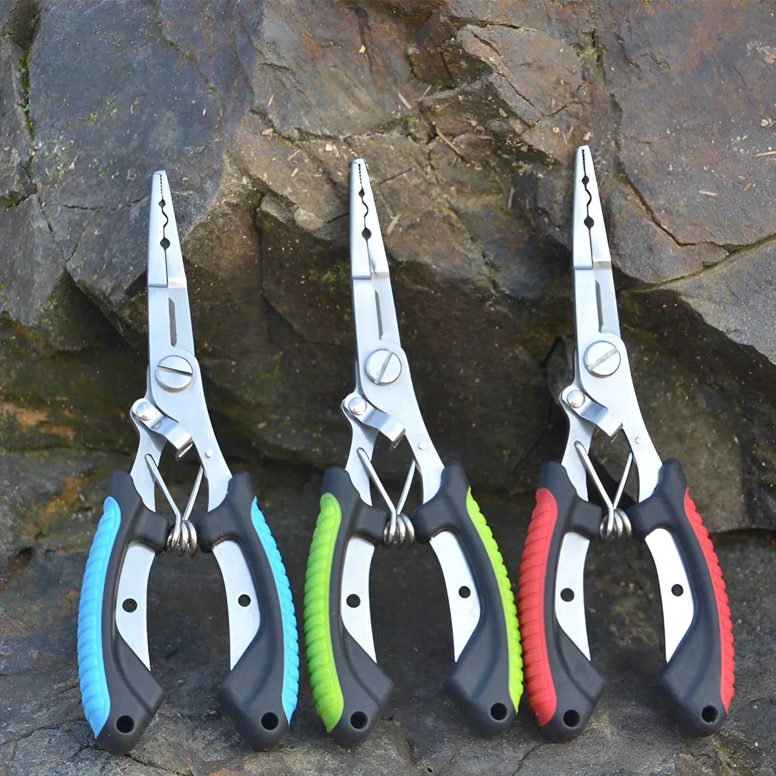 Multifunctional fishing pliers with blue handle, straight mouth, hook, and nylon storage bag.