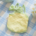 Small dog wearing a blue elastic suspenders vest with a heart-texture bow.
