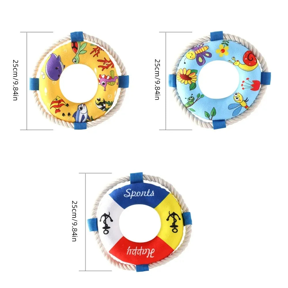 25cm diameter plush dog pull ring toy with squeaker in blue, yellow or pirate design