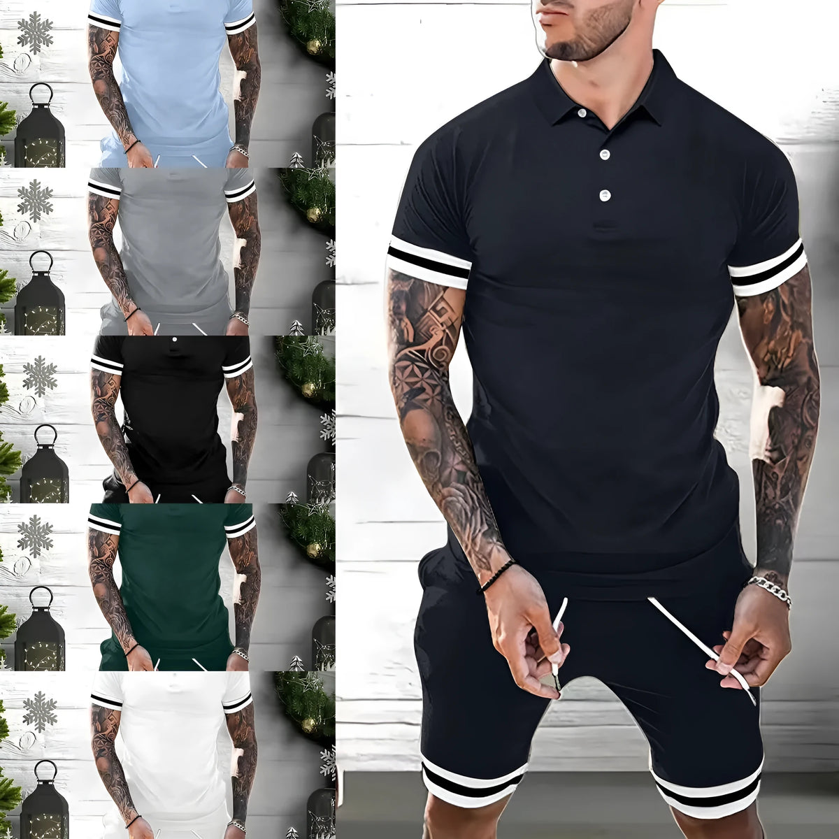 Men's two-piece short set with short-sleeve polo shirt and shorts in black, blue, gray, green, navy blue or white, sizes M to 3XL.