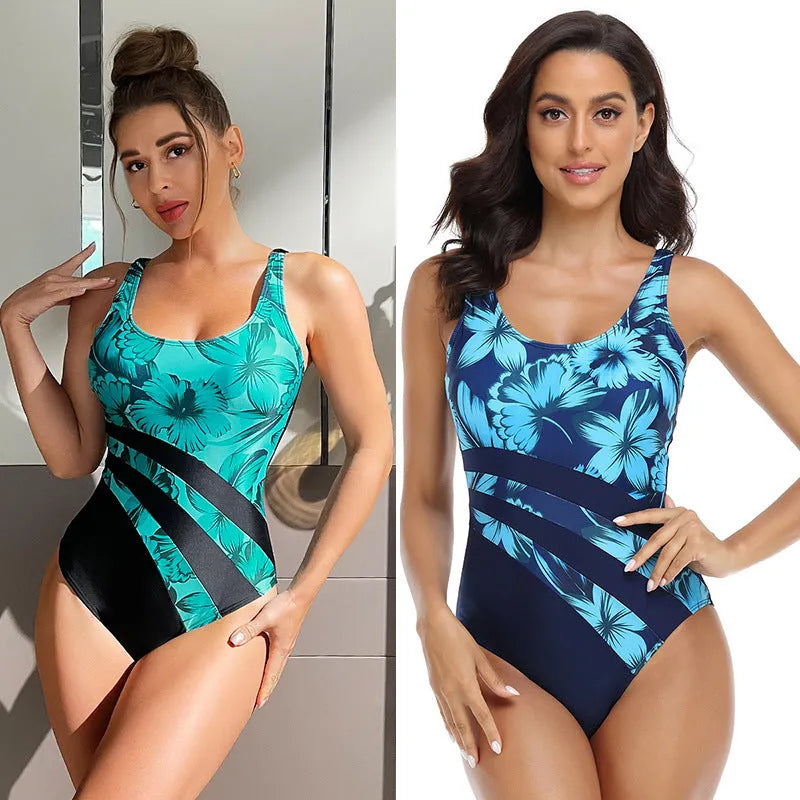 Blue and green women's conservative briefs one-piece swimsuit with printed design.