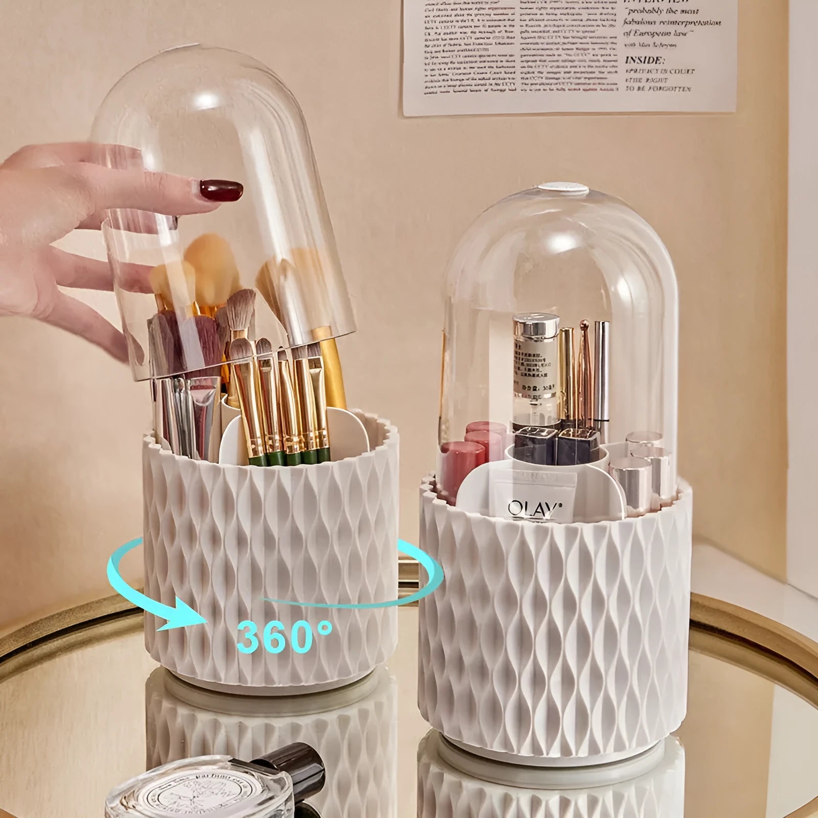 White rotating makeup brush storage holder with transparent lid on desktop