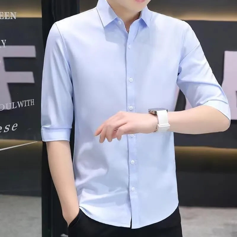 Men's slim-fit half sleeve shirt in linen-silk fabric, shown in a light blue colour with a non-ironing finish.