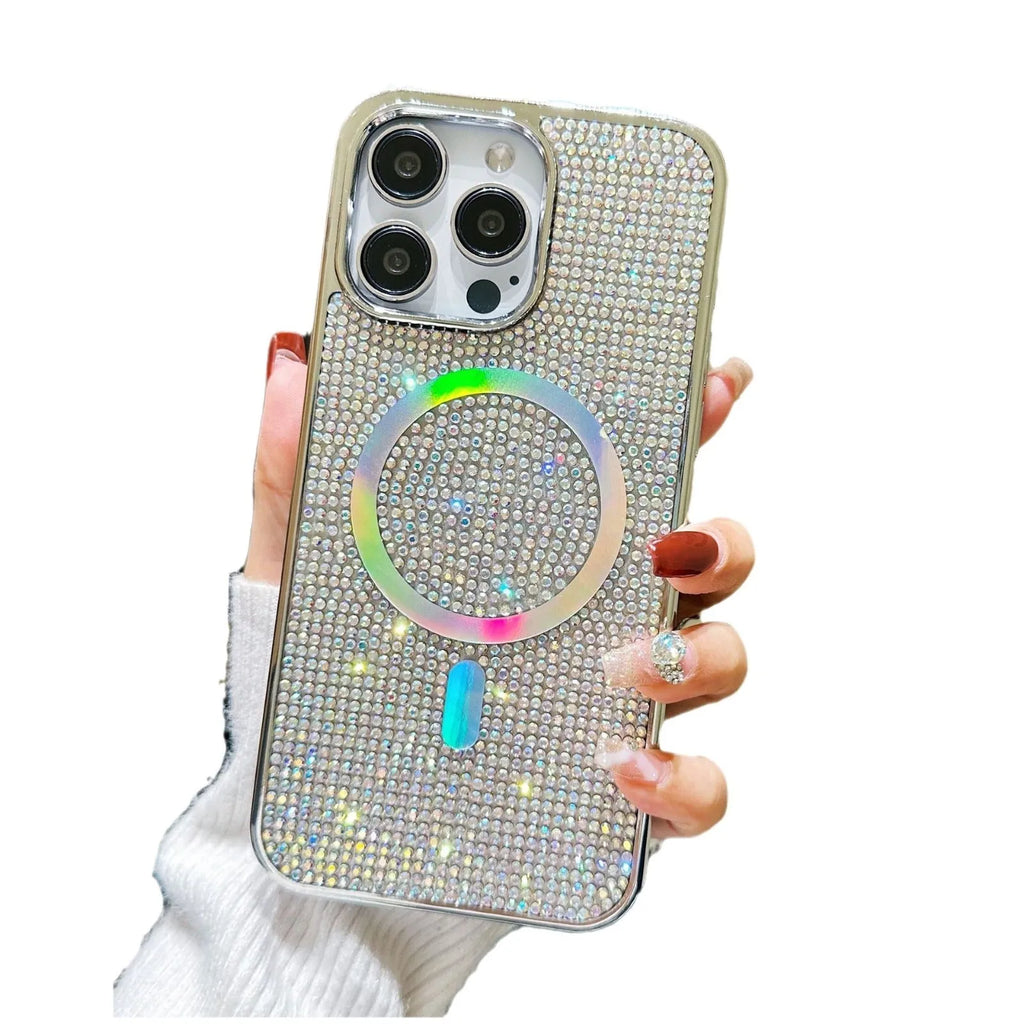 Rhinestone electroplating TPU phone case with diamond magnetic suction on a black iPhone model