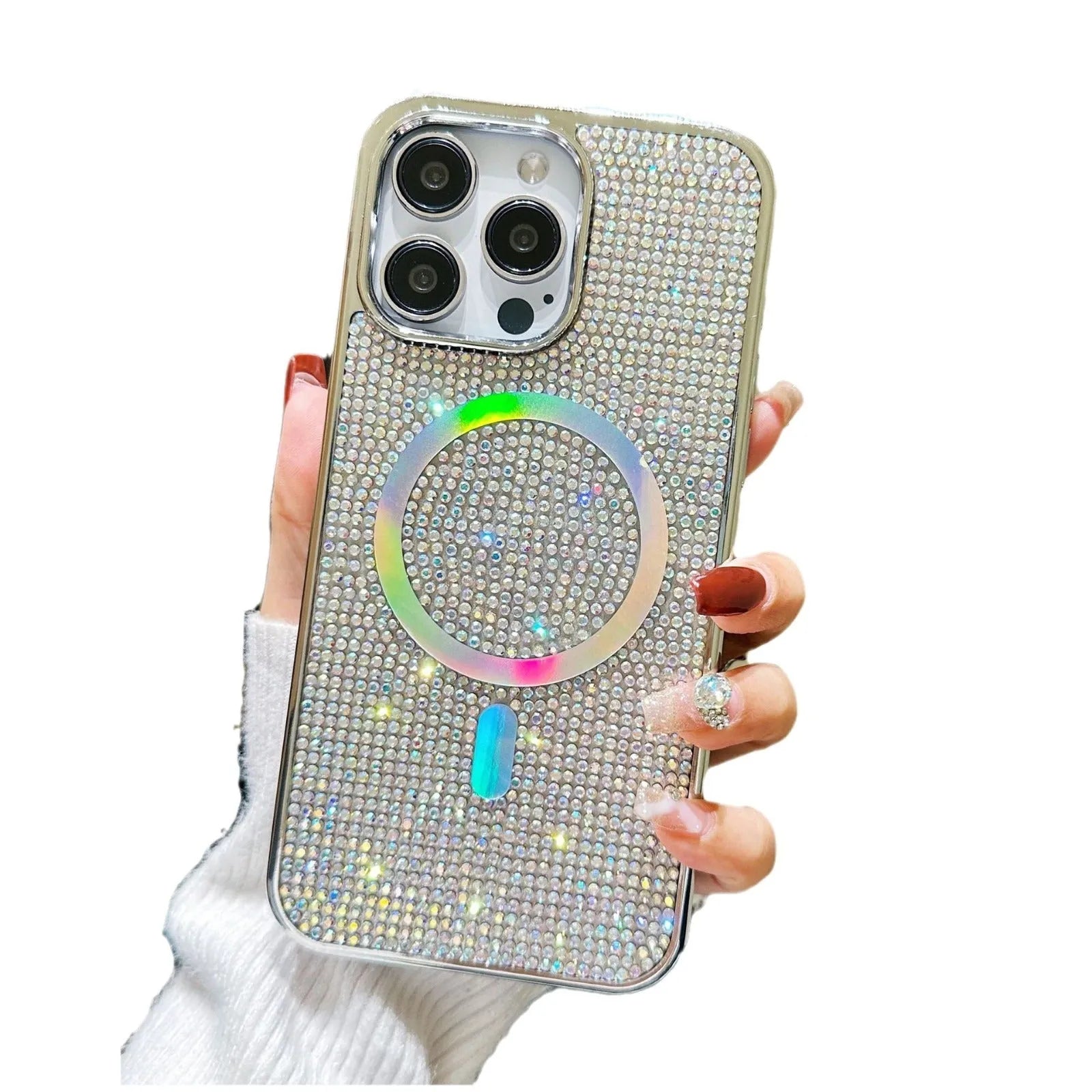 Rhinestone electroplating TPU phone case with diamond magnetic suction on a black iPhone model