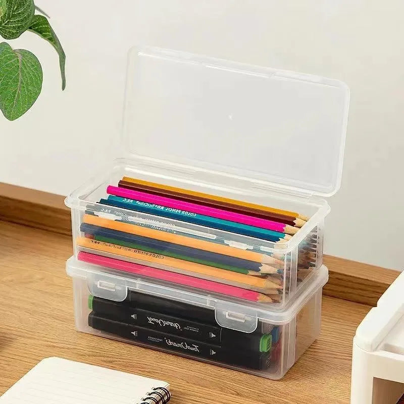 Transparent plastic stationery storage box for pencils and drawing tools
