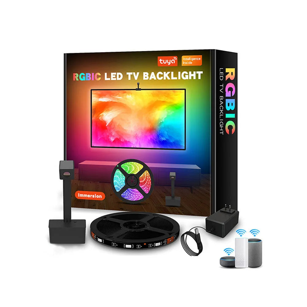 Graffiti APP synchronisation smart LED light strip with camera for TV backlighting, showing remote control and 5m black strip.