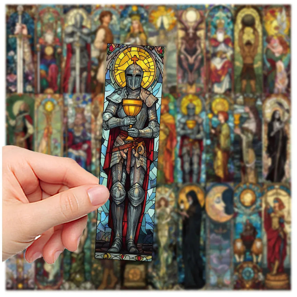 30 paper tarot bookmarks with painted glass designs in homemade style