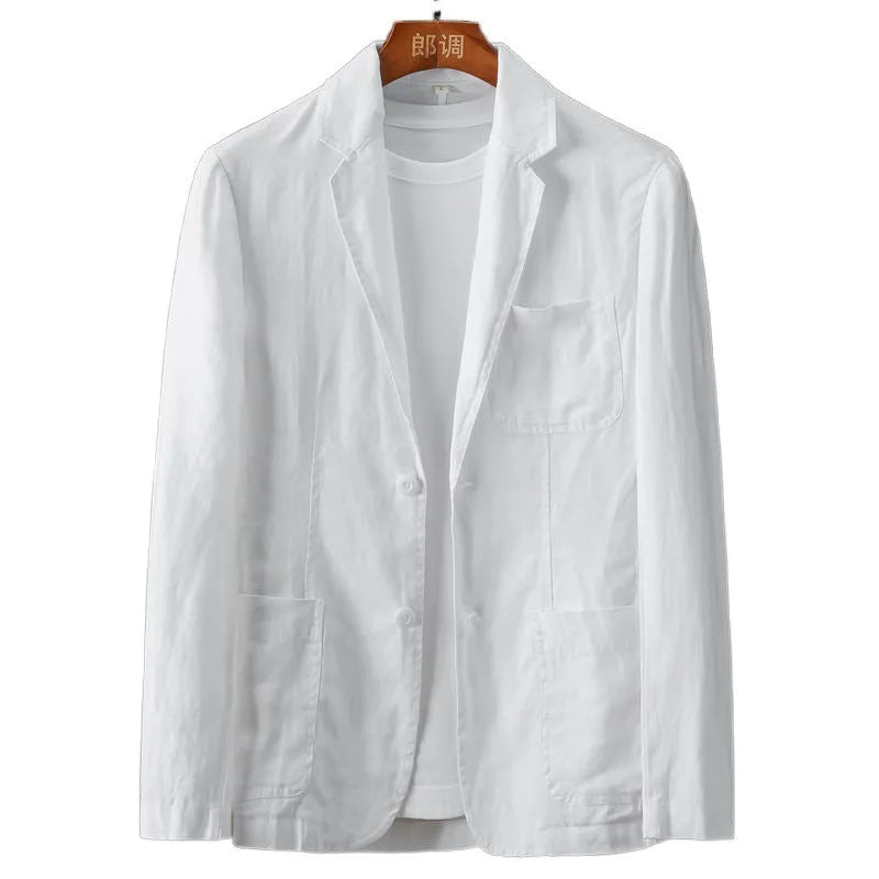 Men's slim fit linen suit jacket in chlorine fibre fabric with nine-point sleeves