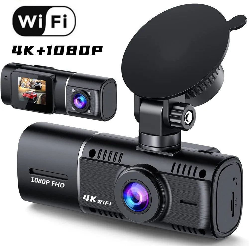 Standard black dash cam for car with 1.5-inch screen, showing front and rear recording capability.